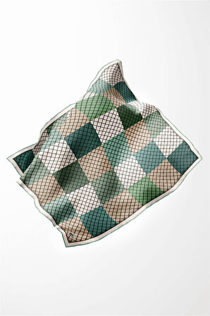 Twill Kare Desenli Koyu Mint Yeşili Renkli 90x90 Eşarp (İpek İçermez) Kenar Dikiş Şekli El Dikişli