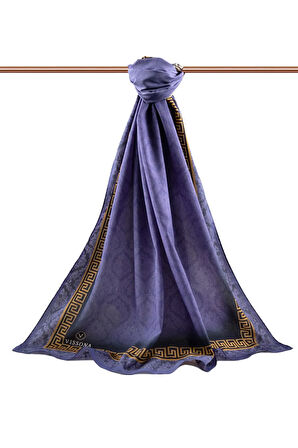 LÜKS MEDİNE İPEĞİ GOLD DETAYLI BAROK DESENLİ İNDİGO RENKLİ 75X195 KIRIŞMAZ ŞAL MOSS KREP DİKİŞ TİPİ İTALYAN DİKİŞLİ