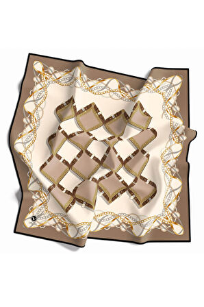 Twill Kemer Ve Zincir Desenli Bej Renkli 90x90 Eşarp (İpek İçermez) Kenar Dikiş Şekli El Dikişli