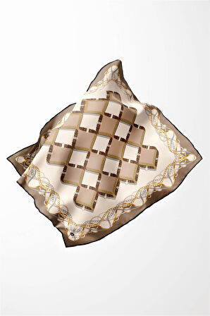 Twill Kemer Ve Zincir Desenli Bej Renkli 90x90 Eşarp (İpek İçermez) Kenar Dikiş Şekli El Dikişli