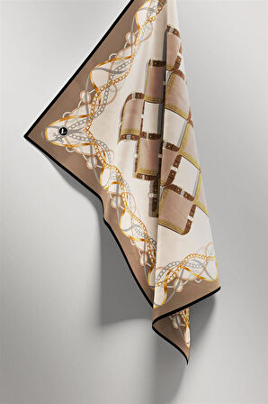 Twill Kemer Ve Zincir Desenli Bej Renkli 90x90 Eşarp (İpek İçermez) Kenar Dikiş Şekli El Dikişli