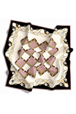 Twill Kemer Ve Zincir Desenli Pudra Renkli 90x90 Eşarp (İpek İçermez) Kenar Dikiş Şekli El Dikişli