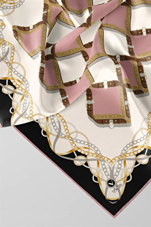 Twill Kemer Ve Zincir Desenli Pudra Renkli 90x90 Eşarp (İpek İçermez) Kenar Dikiş Şekli El Dikişli