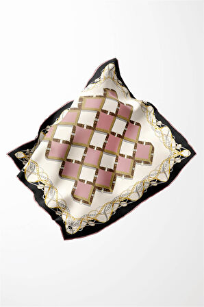 Twill Kemer Ve Zincir Desenli Pudra Renkli 90x90 Eşarp (İpek İçermez) Kenar Dikiş Şekli El Dikişli