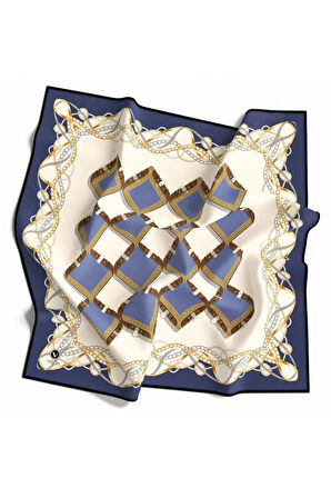 Twill Kemer Ve Zincir Desenli İndigo Renkli 90x90 Eşarp (İpek İçermez) Kenar Dikiş Şekli El Dikişli