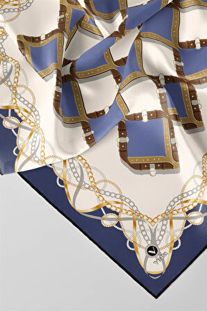 Twill Kemer Ve Zincir Desenli İndigo Renkli 90x90 Eşarp (İpek İçermez) Kenar Dikiş Şekli El Dikişli