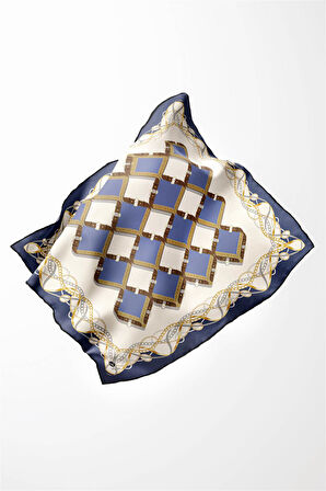Twill Kemer Ve Zincir Desenli İndigo Renkli 90x90 Eşarp (İpek İçermez) Kenar Dikiş Şekli El Dikişli