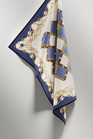 Twill Kemer Ve Zincir Desenli İndigo Renkli 90x90 Eşarp (İpek İçermez) Kenar Dikiş Şekli El Dikişli