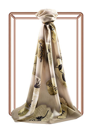 LÜKS MEDİNE İPEĞİ FIRÇA DOKULU ÇİZGİ ÇİÇEK DESENLİ BEJ - HAKİ YEŞİLİ RENKLİ 75X195 KIRIŞMAZ ŞAL MOSS KREP DİKİŞ TİPİ İTALYAN DİKİŞLİ