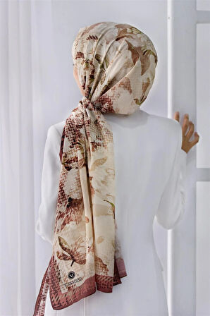 LÜKS MEDİNE İPEĞİ EKOSELİ SONBAHAR DESENLİ PUDRA RENKLİ 75X195 KIRIŞMAZ ŞAL MOSS KREP DİKİŞ TİPİ İTALYAN DİKİŞLİ