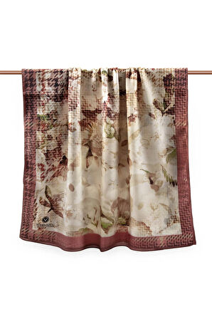 LÜKS MEDİNE İPEĞİ EKOSELİ SONBAHAR DESENLİ PUDRA RENKLİ 75X195 KIRIŞMAZ ŞAL MOSS KREP DİKİŞ TİPİ İTALYAN DİKİŞLİ