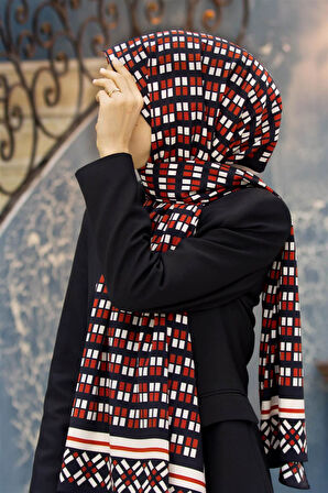 LÜKS MEDİNE İPEĞİ KARE DESENLİ KIRMIZI RENKLİ 75X195 KIRIŞMAZ ŞAL MOSS KREP DİKİŞ TİPİ İTALYAN DİKİŞLİ