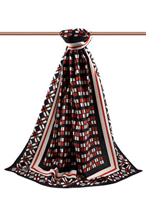 LÜKS MEDİNE İPEĞİ KARE DESENLİ KIRMIZI RENKLİ 75X195 KIRIŞMAZ ŞAL MOSS KREP DİKİŞ TİPİ İTALYAN DİKİŞLİ