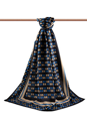 LÜKS MEDİNE İPEĞİ KARE DESENLİ İNDİGO  RENKLİ 75X195 KIRIŞMAZ ŞAL MOSS KREP DİKİŞ TİPİ İTALYAN DİKİŞLİ