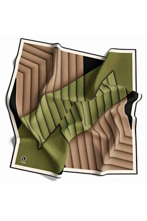 Rayon Zikzak Çizgi Desenli Haki Renkli 90x90 Eşarp (İpek İçermez) Dikim Şekli : El Dikişi