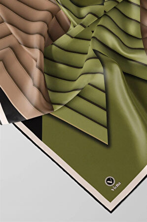 Rayon Zikzak Çizgi Desenli Haki Renkli 90x90 Eşarp (İpek İçermez) Dikim Şekli : El Dikişi