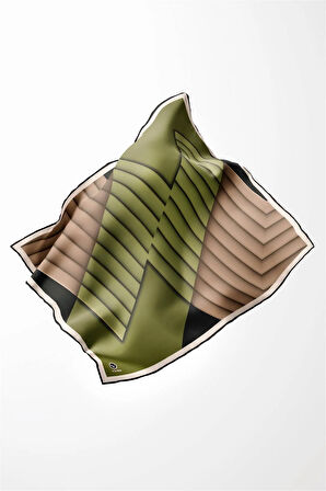 Rayon Zikzak Çizgi Desenli Haki Renkli 90x90 Eşarp (İpek İçermez) Dikim Şekli : El Dikişi