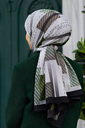 LÜKS MEDİNE İPEĞİ ÇİZGİLİ DESENLİ KREM - HAKİ YEŞİL RENKLİ 75X195 KIRIŞMAZ ŞAL MOSS KREP DİKİŞ TİPİ İTALYAN DİKİŞLİ