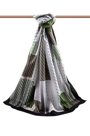 LÜKS MEDİNE İPEĞİ ÇİZGİLİ DESENLİ KREM - HAKİ YEŞİL RENKLİ 75X195 KIRIŞMAZ ŞAL MOSS KREP DİKİŞ TİPİ İTALYAN DİKİŞLİ