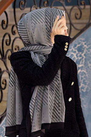 LÜKS MEDİNE İPEĞİ ÇİZGİLİ DESENLİ VİZON - SİYAH RENKLİ 75X195 KIRIŞMAZ ŞAL MOSS KREP DİKİŞ TİPİ İTALYAN DİKİŞLİ