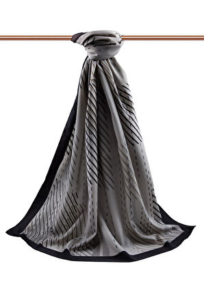 LÜKS MEDİNE İPEĞİ ÇİZGİLİ DESENLİ VİZON - SİYAH RENKLİ 75X195 KIRIŞMAZ ŞAL MOSS KREP DİKİŞ TİPİ İTALYAN DİKİŞLİ