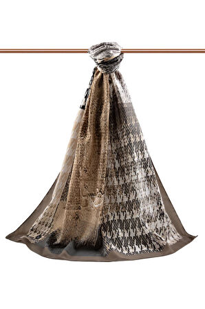 LÜKS MEDİNE İPEĞİ KAZAYAĞI DESENLİ BEJ RENKLİ 75X195 KIRIŞMAZ ŞAL MOSS KREP DİKİŞ TİPİ İTALYAN DİKİŞLİ