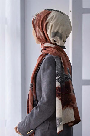 LÜKS MEDİNE İPEĞİ YAPRAK DESENLİ GÜL KURUSU - GRİ RENKLİ 75X195 KIRIŞMAZ ŞAL MOSS KREP DİKİŞ TİPİ İTALYAN DİKİŞLİ