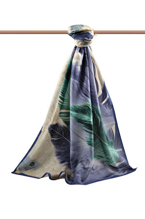 LÜKS MEDİNE İPEĞİ YAPRAK DESENLİ İNDİGO RENKLİ 75X195 KIRIŞMAZ ŞAL MOSS KREP DİKİŞ TİPİ İTALYAN DİKİŞLİ