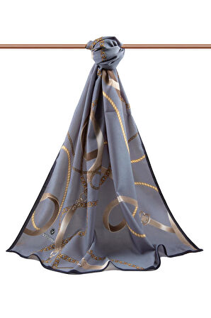 LÜKS MEDİNE İPEĞİ ZİNCİRLİ KEMER DESENLİ GRİ RENKLİ 75X195 KIRIŞMAZ ŞAL MOSS KREP DİKİŞ TİPİ İTALYAN DİKİŞLİ