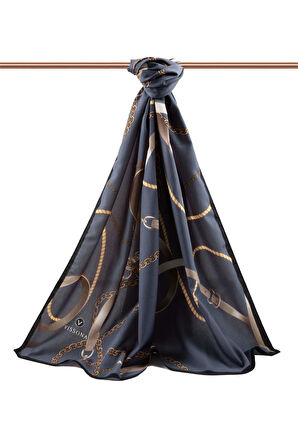 LÜKS MEDİNE İPEĞİ ZİNCİRLİ KEMER DESENLİ FÜME RENKLİ 75X195 KIRIŞMAZ ŞAL MOSS KREP DİKİŞ TİPİ İTALYAN DİKİŞLİ