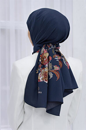 LÜKS MEDİNE İPEĞİ NAKIŞ ÇİÇEK DESENLİ LACİVERT RENKLİ 75X195 KIRIŞMAZ ŞAL MOSS KREP DİKİŞ TİPİ İTALYAN DİKİŞLİ