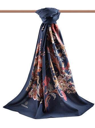 LÜKS MEDİNE İPEĞİ NAKIŞ ÇİÇEK DESENLİ LACİVERT RENKLİ 75X195 KIRIŞMAZ ŞAL MOSS KREP DİKİŞ TİPİ İTALYAN DİKİŞLİ