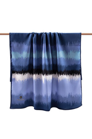 LÜKS MEDİNE İPEĞİ FREKANS  DESENLİ İNDİGO RENKLİ 75X195 KIRIŞMAZ ŞAL MOSS KREP DİKİŞ TİPİ İTALYAN DİKİŞLİ