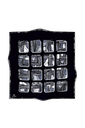 %100 Twill İpek Geometrik Kare Desenli Siyah - Beyaz Renkli 90x90 Eşarp Dikim Şekli : El Dikişi