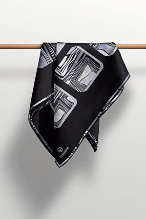 %100 Twill İpek Geometrik Kare Desenli Siyah - Beyaz Renkli 90x90 Eşarp Dikim Şekli : El Dikişi