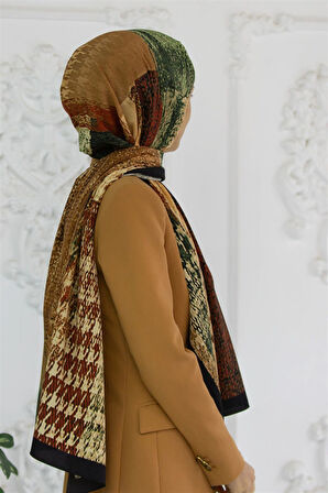 LÜKS MEDİNE İPEĞİ KAZAYAĞI DESENLİ SİYAH RENKLİ 75X195 KIRIŞMAZ ŞAL MOSS KREP DİKİŞ TİPİ İTALYAN DİKİŞLİ