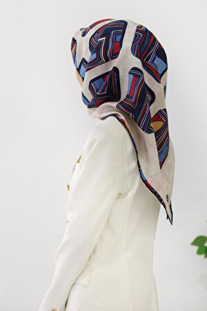 %100 Twill İpek Geometrik Kare Desenli Kırmızı - Lacivert Renkli 90x90 Eşarp Dikim Şekli : El Dikişi