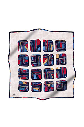 %100 Twill İpek Geometrik Kare Desenli Kırmızı - Lacivert Renkli 90x90 Eşarp Dikim Şekli : El Dikişi