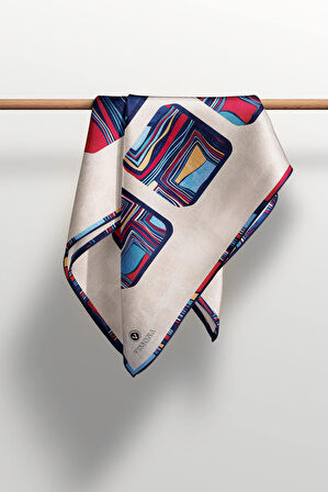 %100 Twill İpek Geometrik Kare Desenli Kırmızı - Lacivert Renkli 90x90 Eşarp Dikim Şekli : El Dikişi