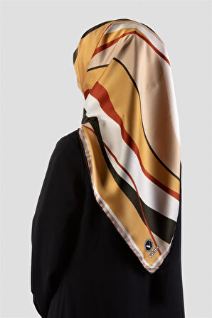 Rayon Modern Dalgalı Çizgi Desenli Hardal - Taba Renkli 90x90 Dikim Şekli : El Dikişi Eşarp (İpek İçermez)