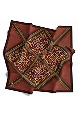 Twill Gold Çerçeveli Barok Desenli Taba Renkli 90x90 Eşarp (İpek İçermez) Kenar Dikiş Şekli El Dikişli