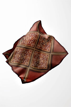 Twill Gold Çerçeveli Barok Desenli Taba Renkli 90x90 Eşarp (İpek İçermez) Kenar Dikiş Şekli El Dikişli