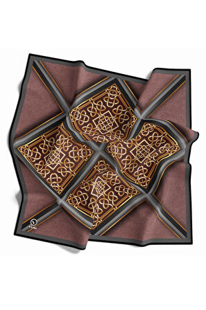 Twill Gold Çerçeveli Barok Desenli Pudra Renkli 90x90 Eşarp (İpek İçermez) Kenar Dikiş Şekli El Dikişli