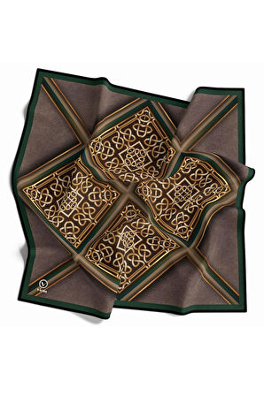 Twill Gold Çerçeveli Barok Desenli Zümrüt Yeşili Renkli 90x90 Eşarp (İpek İçermez) Kenar Dikiş Şekli El Dikişli