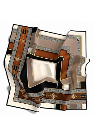 Twill Gold Detaylı ve Antik Motif Desenli Taba - Bej Renkli 90x90 Eşarp (İpek İçermez) Kenar Dikiş Şekli El Dikişli