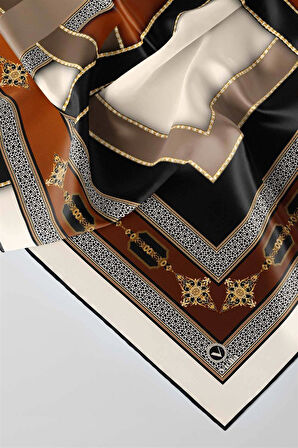 Twill Gold Detaylı ve Antik Motif Desenli Taba - Bej Renkli 90x90 Eşarp (İpek İçermez) Kenar Dikiş Şekli El Dikişli