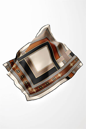 Twill Gold Detaylı ve Antik Motif Desenli Taba - Bej Renkli 90x90 Eşarp (İpek İçermez) Kenar Dikiş Şekli El Dikişli