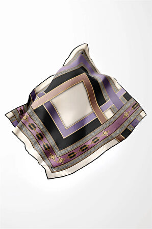 Twill Gold Detaylı ve Antik Motif Desenli Lila Renkli 90x90 Eşarp (İpek İçermez) Kenar Dikiş Şekli El Dikişli