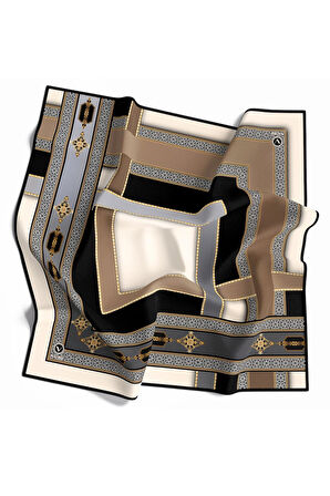 Twill Gold Detaylı ve Antik Motif Desenli Gri Renkli 90x90 Eşarp (İpek İçermez) Kenar Dikiş Şekli El Dikişli