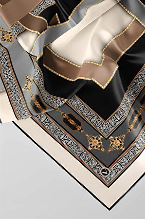 Twill Gold Detaylı ve Antik Motif Desenli Gri Renkli 90x90 Eşarp (İpek İçermez) Kenar Dikiş Şekli El Dikişli